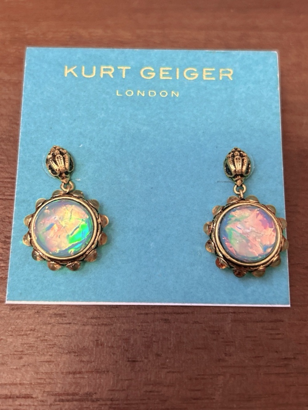 Kurt Geiger Eagle Head Gold Iridescent Opal-Effect Drop Earrings NWT